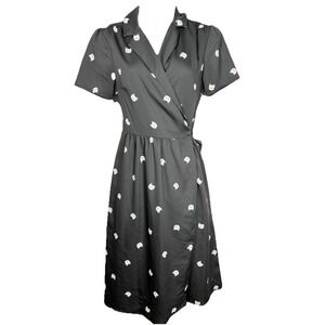 Modcloth Womens Black Wrap Dress Med Cat Print Goth Y2K Retro 90s Kitty Kidcore